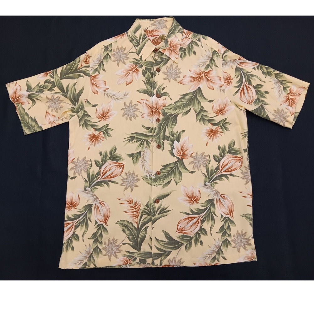 Caribbean Mens Silk Cotton Hawaiian Shirt Medium Cream Floral Tropical Aloha